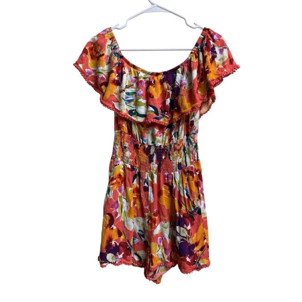 Guess Floral Off Shoulder Romper Medium Smocked Waist Boho Vacation